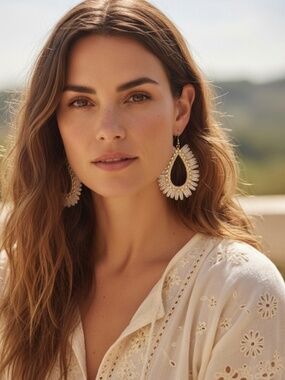 New Boho Raffia Earrings in Neutral Beige and Gold Tone by Plunder Design